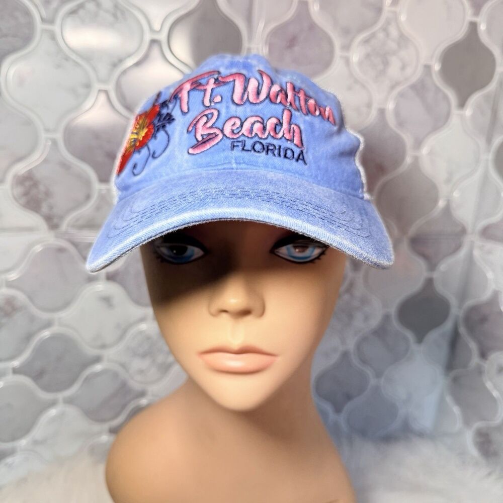Ft. Walton Beach Florida Cap Hat Adjustable Baseball Blue Embroidered Flower